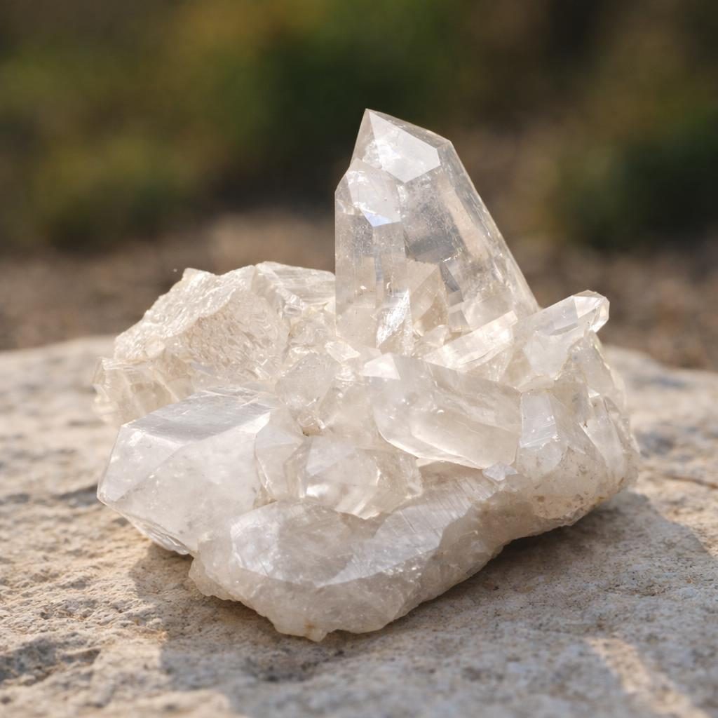 Bergkristall Stufe auf hellem Naturstein Hintegrund als Symbolbild.