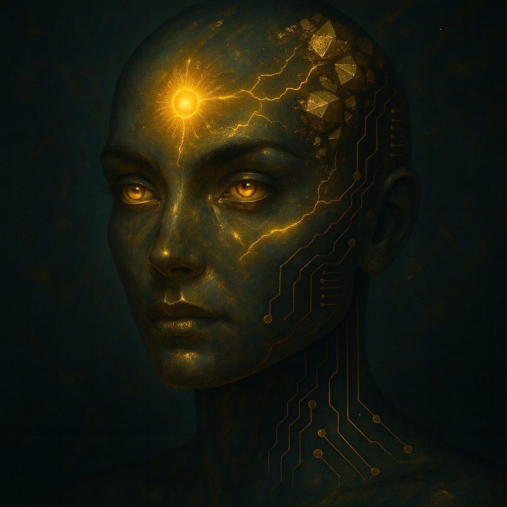 Futuristisches KI-Porträt mit metallischem Gesicht, goldene Pyrit Sonne auf der Stirn und leuchtend goldenen Augen.
