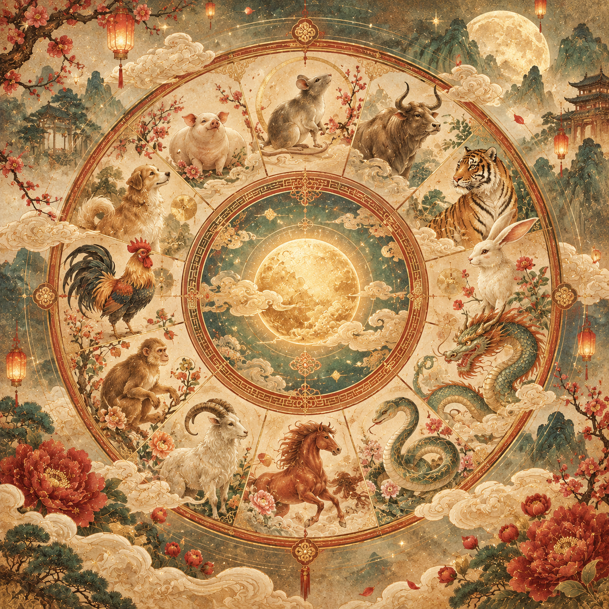 Chinesische Sternzeichen im Tierkreis mit zwölf Tierzeichen, Drachen, Tiger und weiteren Tieren in traditionell chinesischer Gestaltung.