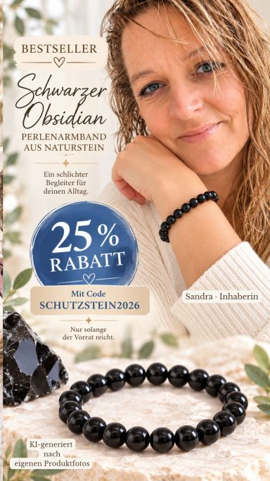 Schwarzes Obsidian-Armband als Bestseller mit Sandra, 25 % Rabatt und Gutscheincode SCHUTZSTEIN2026.