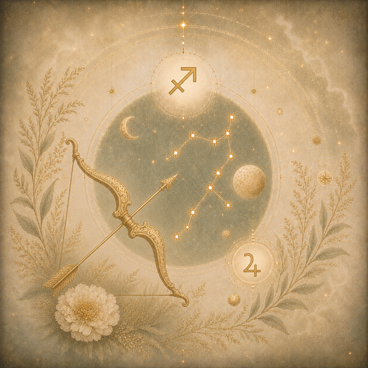 Goldfarbene Schützedarstellung mit Sternbild, Mondsymbolen und zarten Pflanzenmotiven auf einem cremefarbenen, kosmischen Hintergrund.