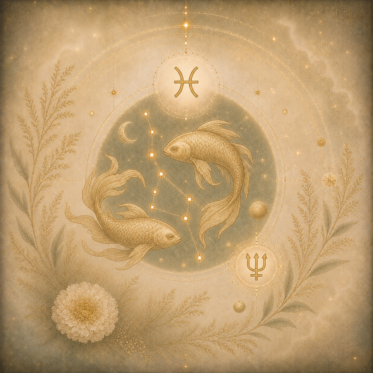 Goldfarbene Fischedarstellung mit Sternbild, Mondsymbolen und zarten Pflanzenmotiven auf einem cremefarbenen, kosmischen Hintergrund.