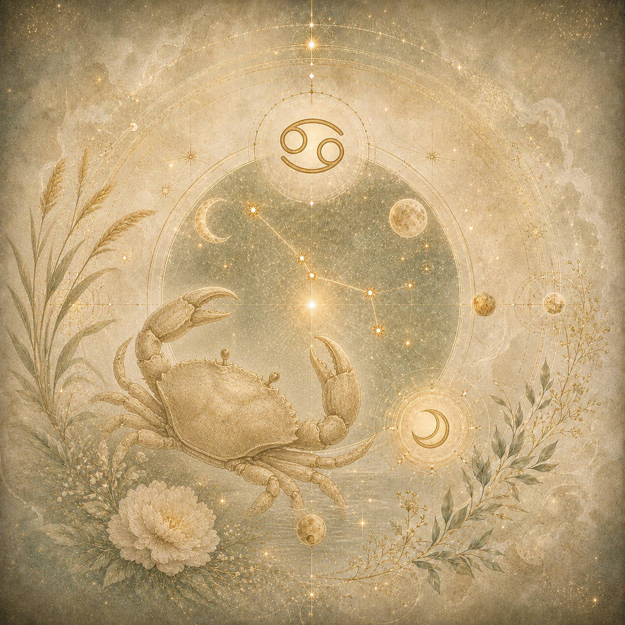 Goldfarbene Krebsdarstellung mit Sternbild, Mondsymbolen und zarten Pflanzenmotiven auf einem cremefarbenen, kosmischen Hintergrund.