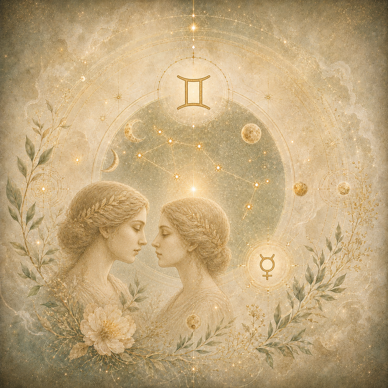 Goldfarbene Zwillingdarstellung mit Sternbild, Mondsymbolen und zarten Pflanzenmotiven auf einem cremefarbenen, kosmischen Hintergrund.