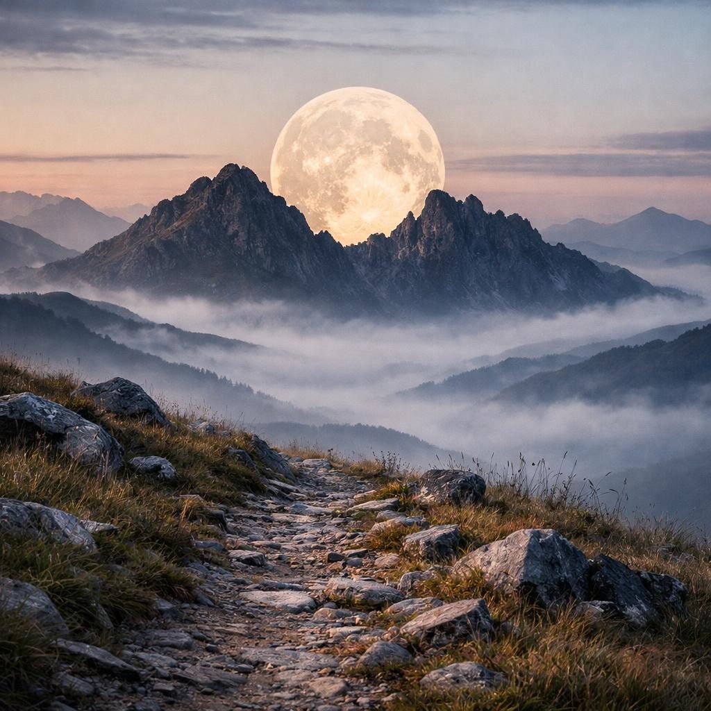 Vollmond über dem Gebirge als Symbolbild für Vollmond und Neumond im August 2026 und passende Edelsteine.