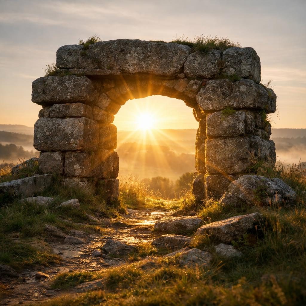 Steinportal mit leuchtender aufgehender Sonne im Steinportal als Symbolbild für die Portaltage im Januar 2027 und passende Edelsteine.