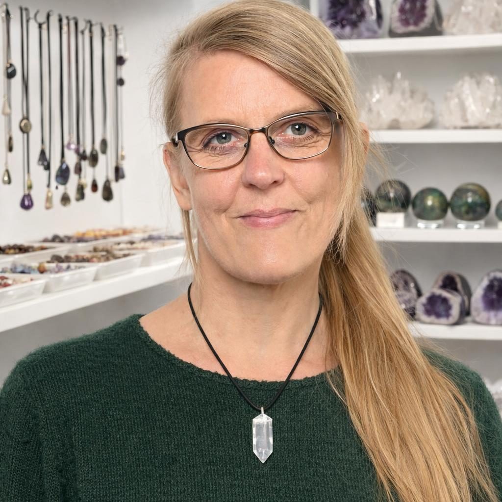 Porträt von Sandra – Inhaberin von Sandras Mineralien, mit Brille und freundlichem Lächeln.