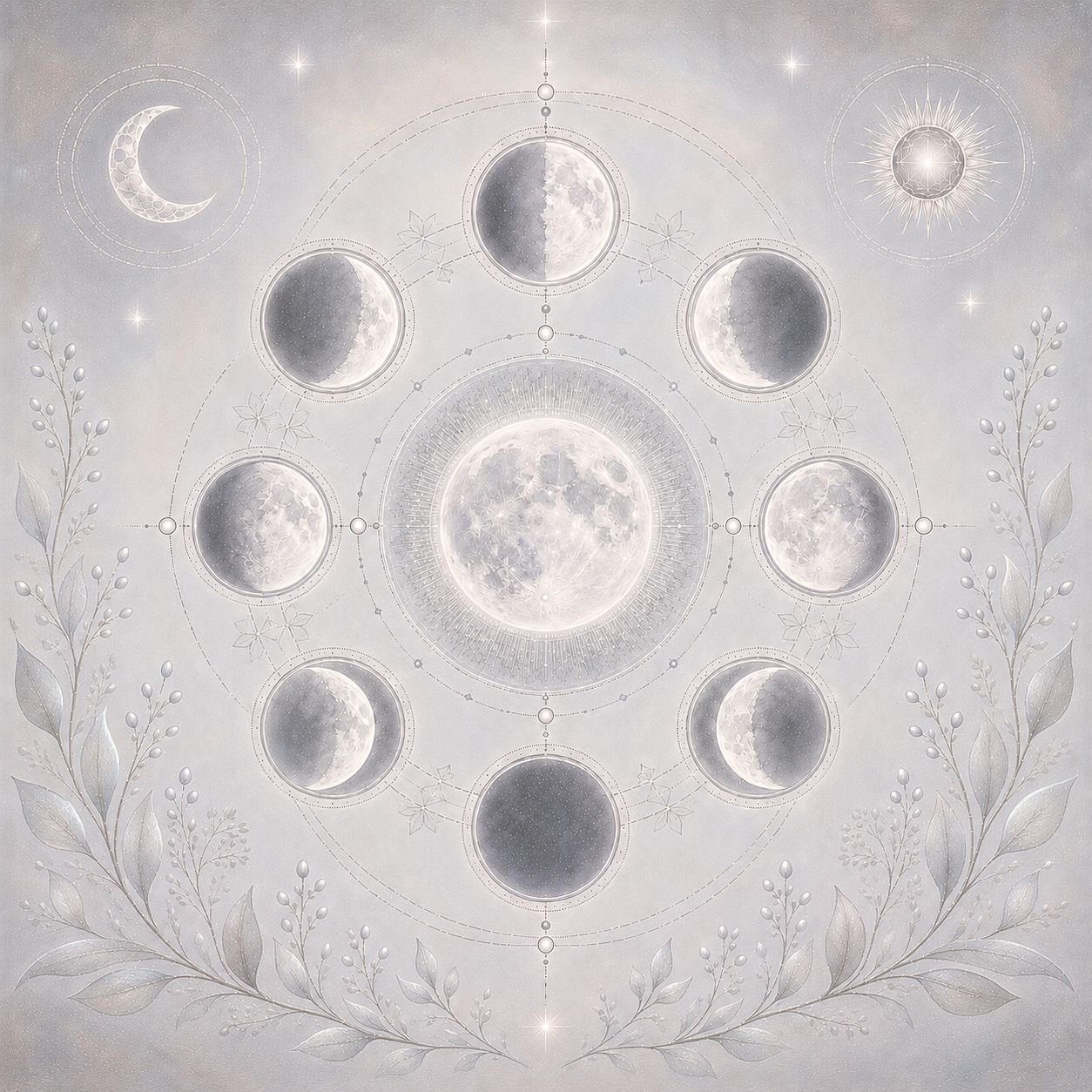 Silberfarbene Illustration der Mondphasen mit Vollmond, umlaufenden Mondphasen, feiner Geometrie, Sternen und zarten Pflanzenmotiv für 2027.