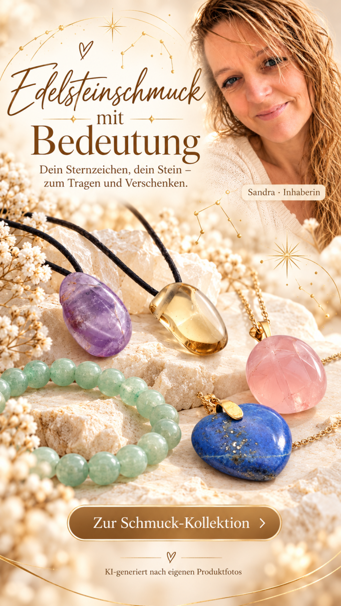 Edelsteinschmuck mit Bedeutung: farbige Edelstein-Anhänger, grünes Perlenarmband und Sternzeichen-Motive, präsentiert von Sandra.
